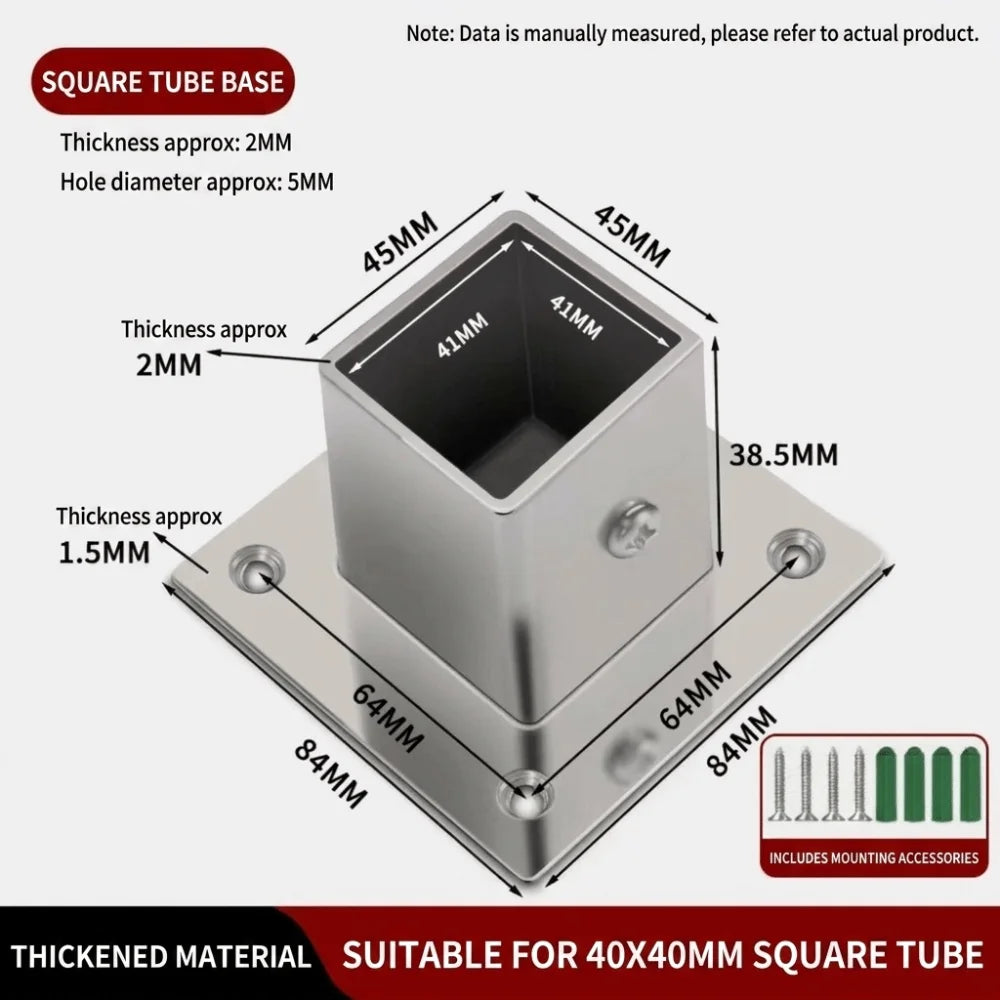 Stainless Steel Square Tube Connector Flange Base 20–40mm Tube Connector Fitting Richie's 4 20mm