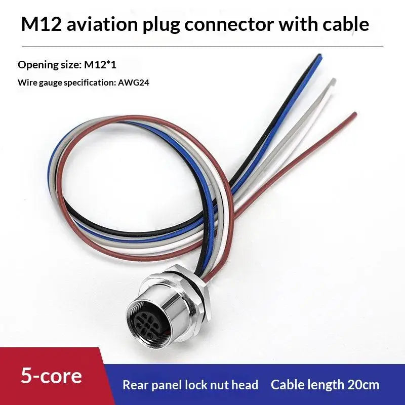 M12 IP67 Waterproof Connector 4/5/8 Pin Panel Socket 22AWG Wire Industrial Connector Richie's Back 5P F 20cm