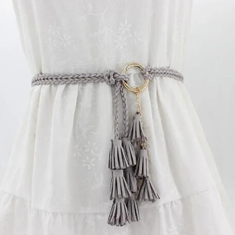 Women's Boho Braided Tassel Belt – Knit Waist Rope for Dresses Braided Waist Belt Richie's