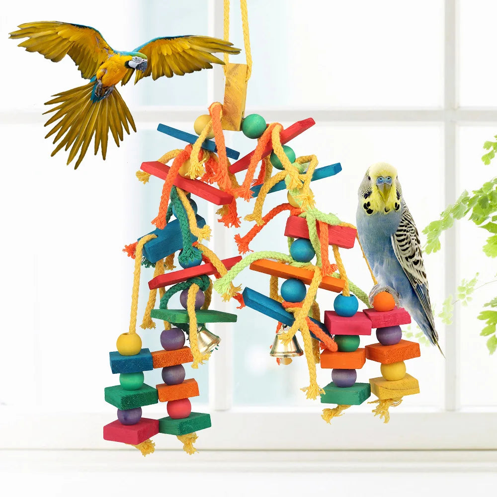 Wood & Cotton Rope Parrot Toy – Bird Chewing & Tearing Cage Toy Bird Cage Toy Richie's