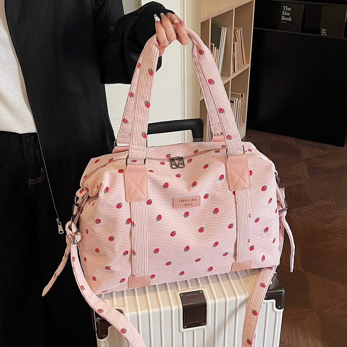 Strawberry Corduroy Travel Bag – Large Crossbody Duffel Travel Duffel Bag Richie's