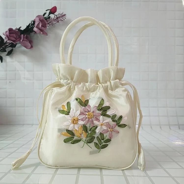 Women Embroidery Flower Cosmetic Bag – Ethnic Mini Purse & Pouch Cosmetic Pouch Richie's White