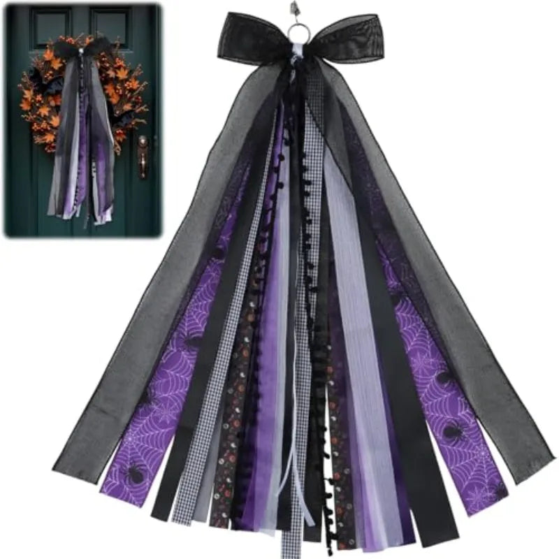 Black Purple Spiderweb Halloween Door Wreath | Multi-Layer Ribbon Halloween Door Wreath Richie's