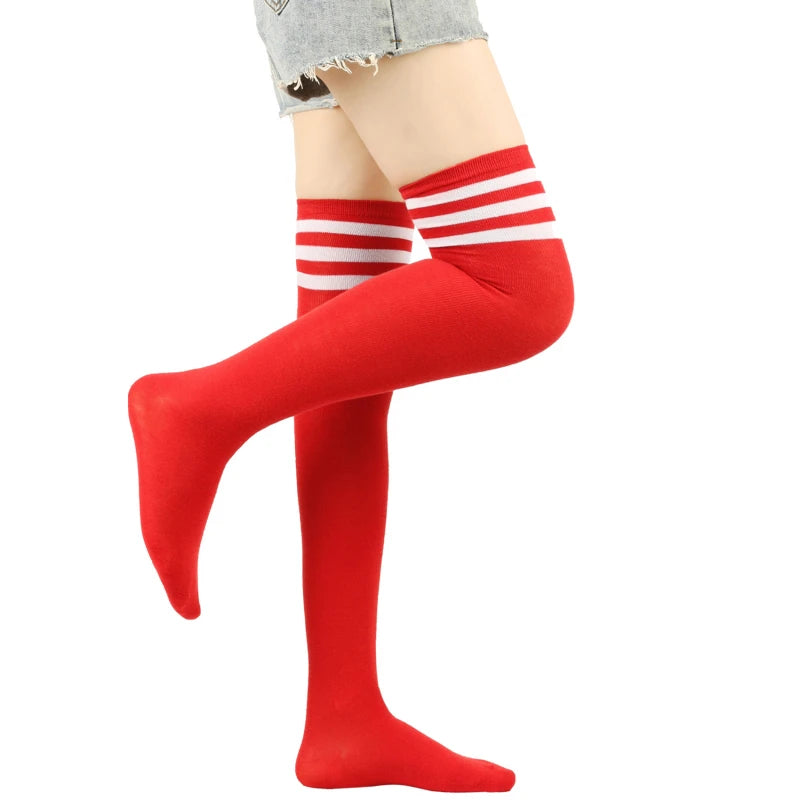 Women's Striped Thigh High Socks | Over-Knee Academic Style Thigh High Socks Richie's Red white line One Size