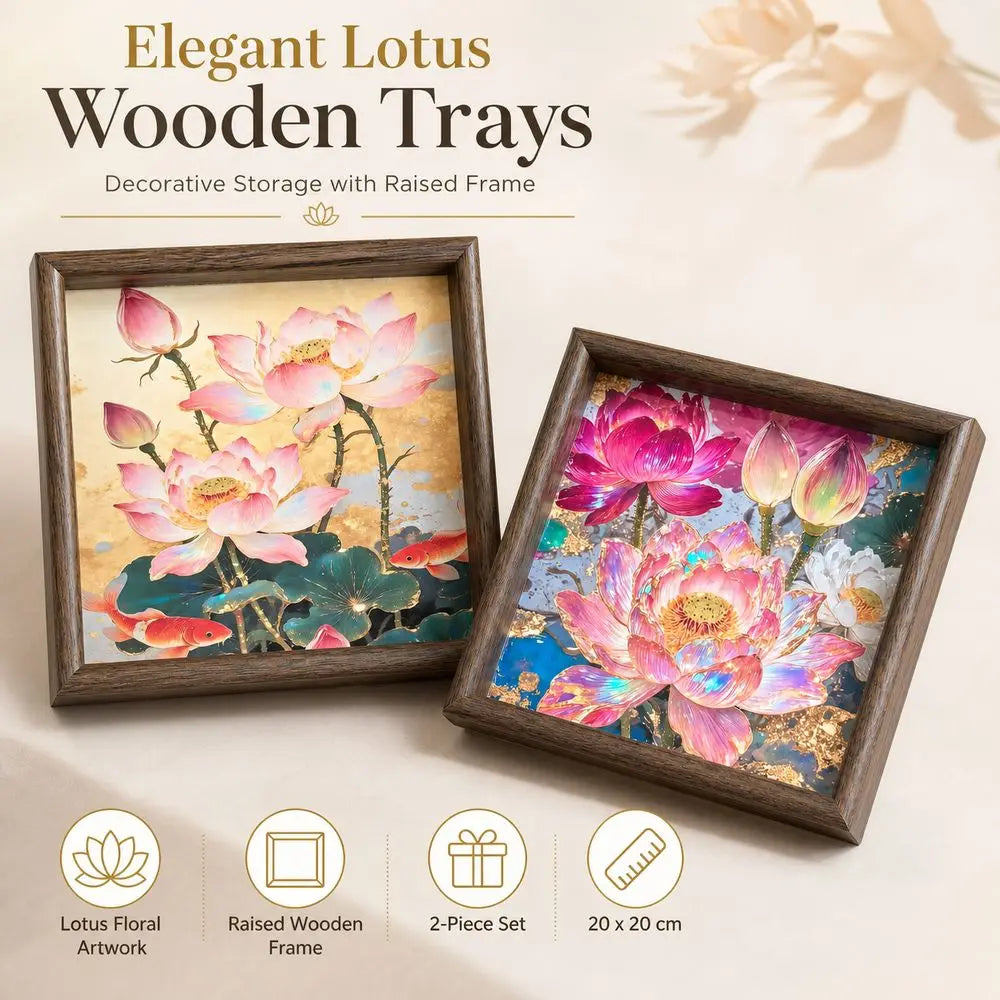 Wooden Lotus Floral Decorative Tray 20cm Square Set of 2 Decorative Wood Tray Richie's
