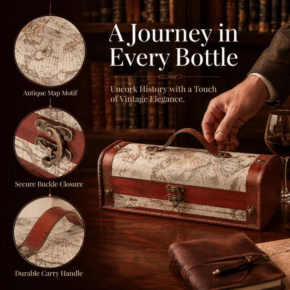Wooden Wine Bottle Box – Antique Map Design | Red Brown Wine Bottle Box Richie's