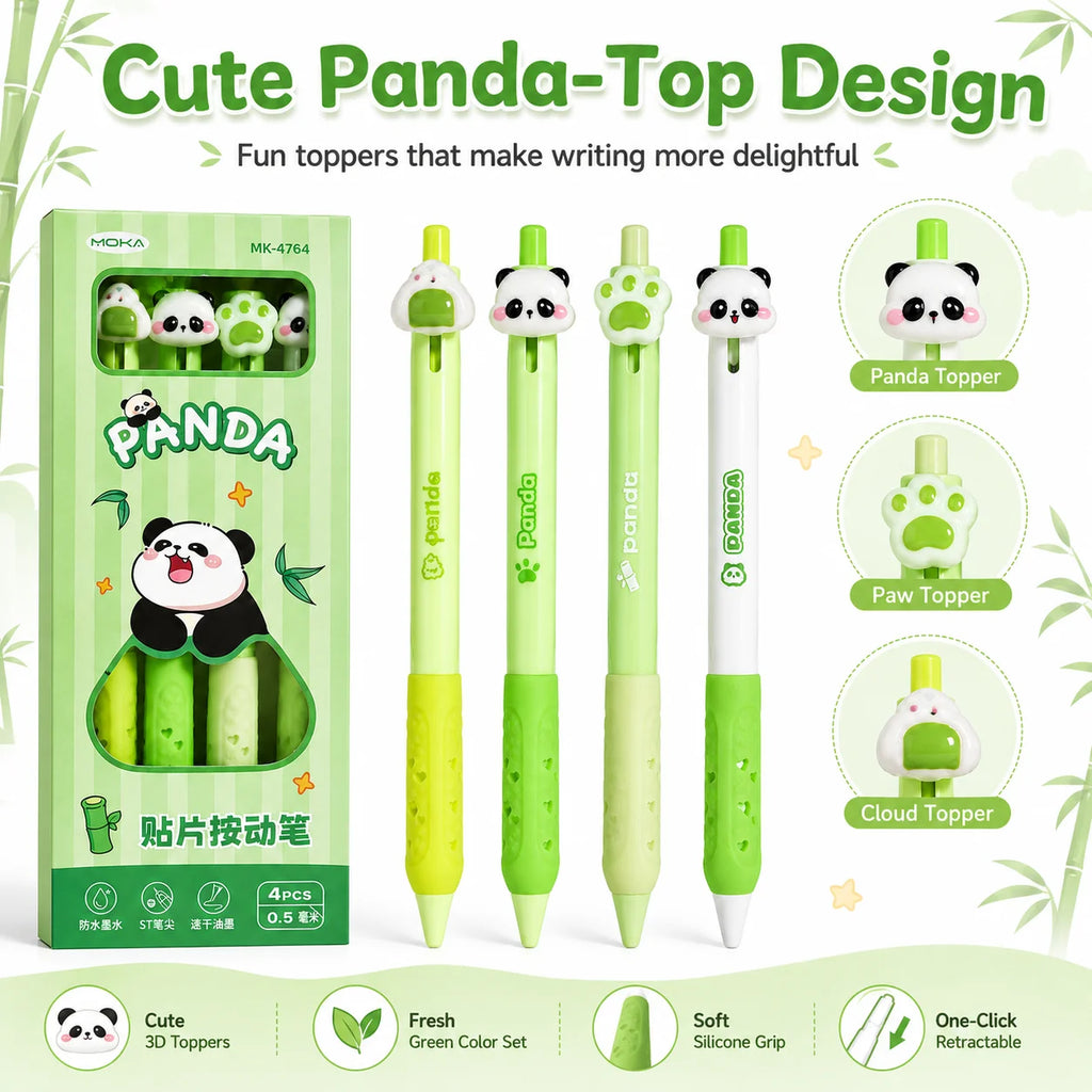 Kawaii Panda Retractable Gel Pen Set 4Pcs – 0.5mm Black Ink Gel Pen Set Richie's