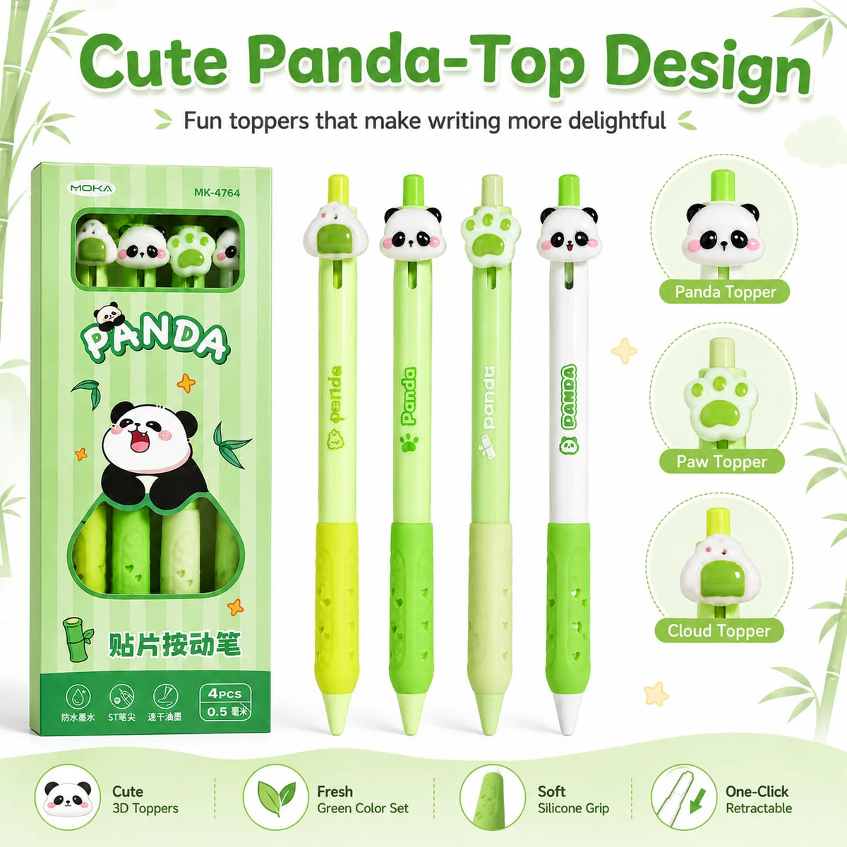 Kawaii Panda Retractable Gel Pen Set 4Pcs – 0.5mm Black Ink Gel Pen Set Richie's