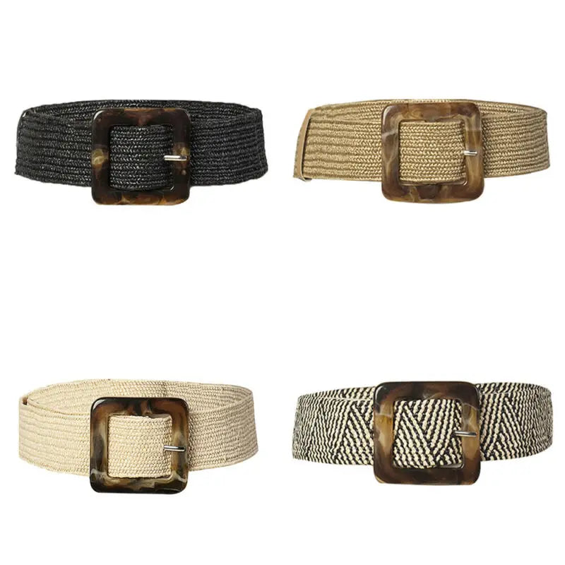 Women's Wide Woven Straw Belt – Elastic Carved Wood Buckle Wide Fashion Belt Richie's