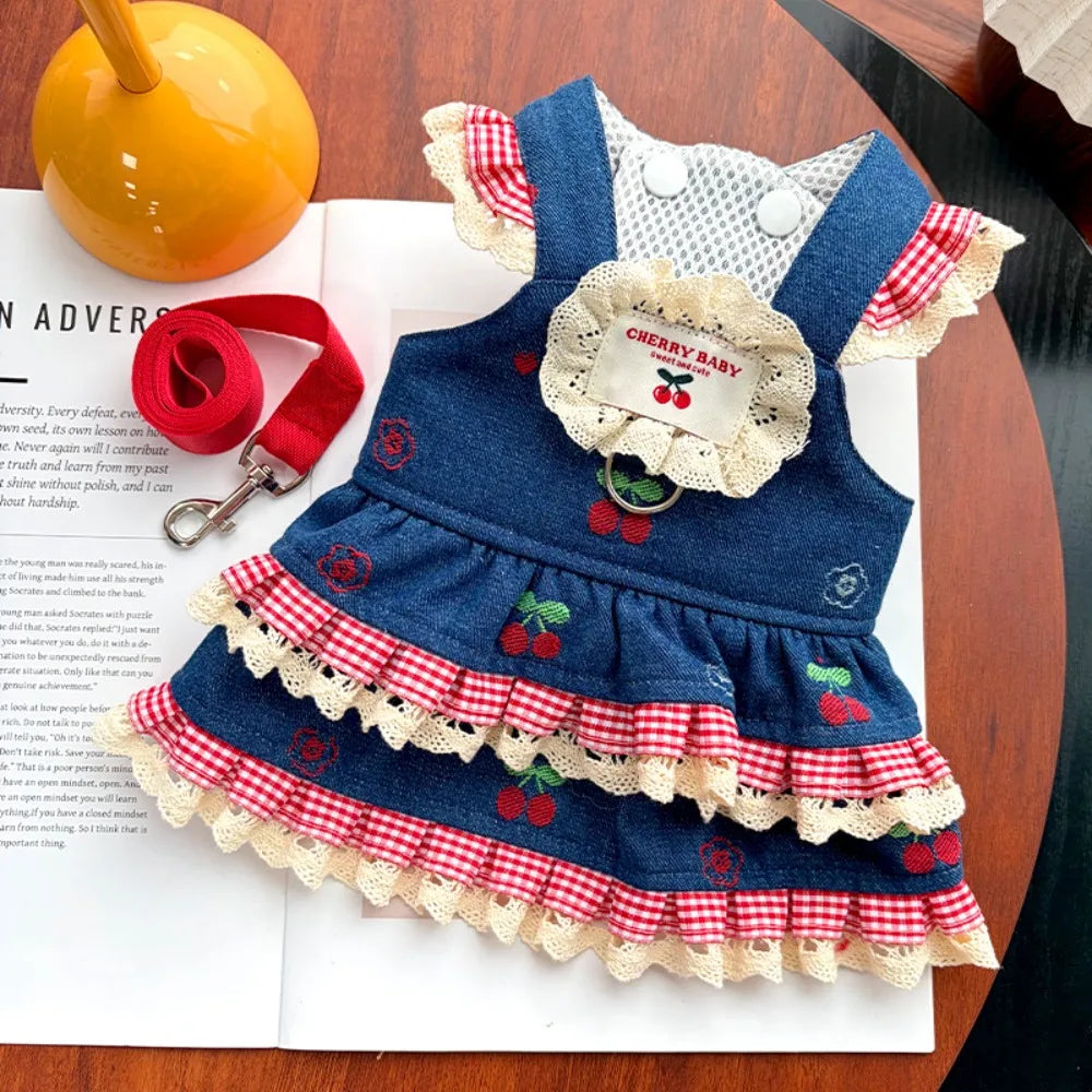 Denim Dog Dress Harness Set with Leash – Cherry Pattern Skirt Dog Dress Harness Richie's 02 2XL