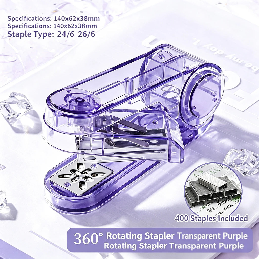360° Rotatable Transparent Desktop Stapler, 25-Sheet Capacity Desktop Stapler Richie's PURPLE