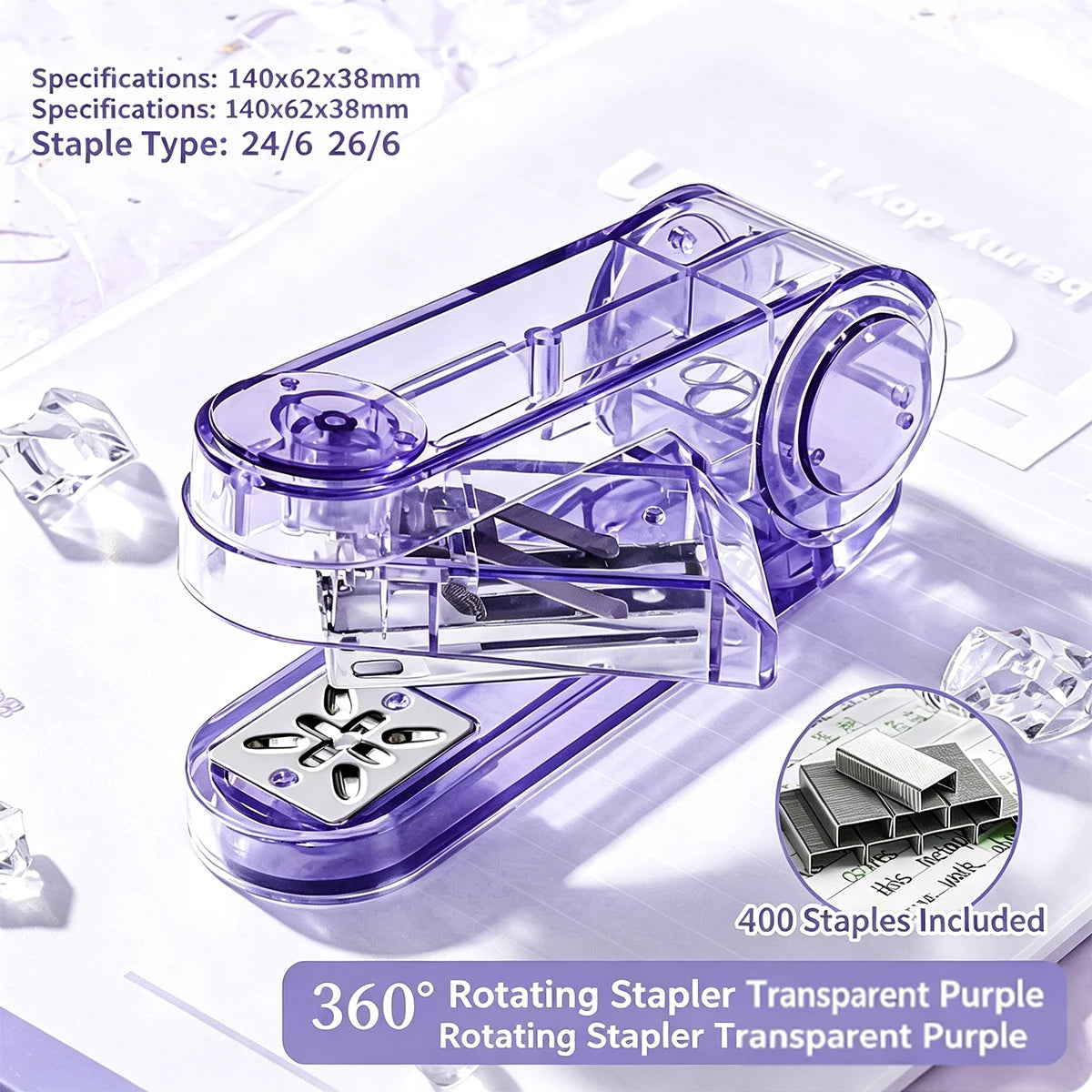 360° Rotatable Transparent Desktop Stapler, 25-Sheet Capacity Desktop Stapler Richie's PURPLE