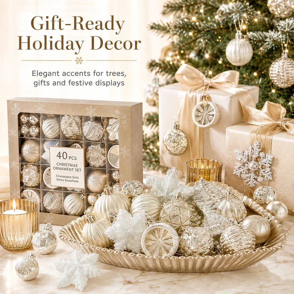 40-Piece Champagne Gold & White Christmas Tree Ornament Set Christmas Ornament Set Richie's