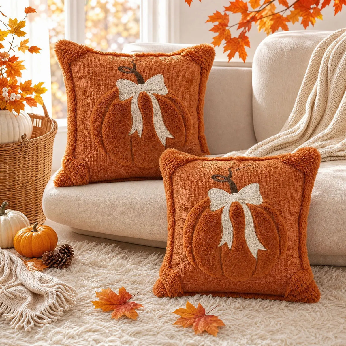 2pc Jacquard Pumpkin Bow Pillow Covers | Fall & Thanksgiving Décor Throw Pillow Covers Richie's Orange 2pcs