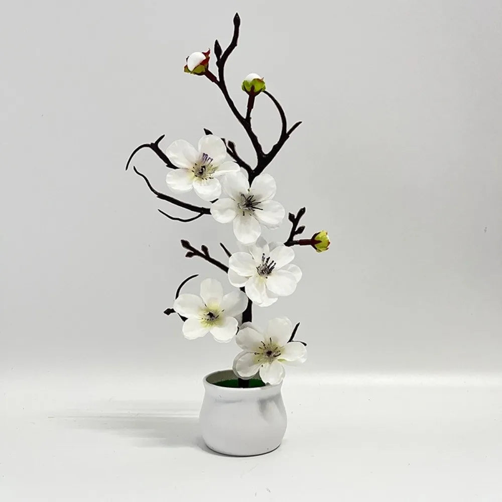 Red Artificial Plum Potted Flowers – Faux Silk Blooms in White Pot Artificial Potted Flower Richie's White