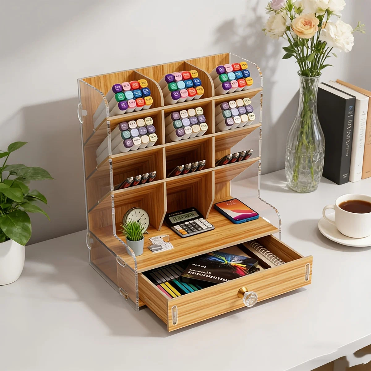 Wooden Desk Organizer with Drawer & Multi-Compartment Holder Desk Organizer Richie's