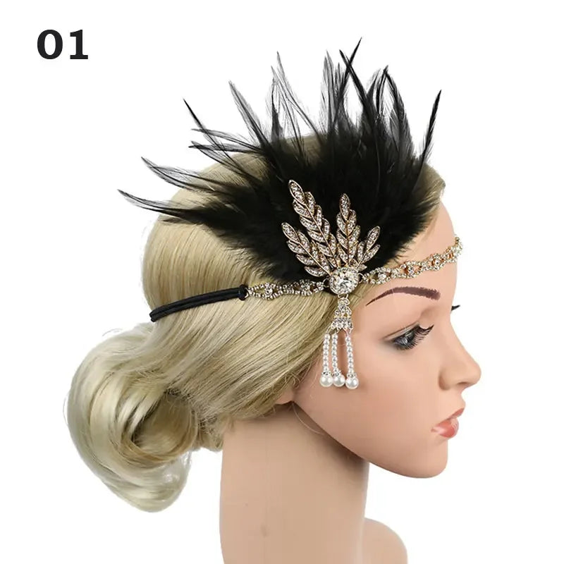 Women's Feather Flapper Headband – 1920s Vintage Rhinestone Feather Flapper Headband Richie's 01