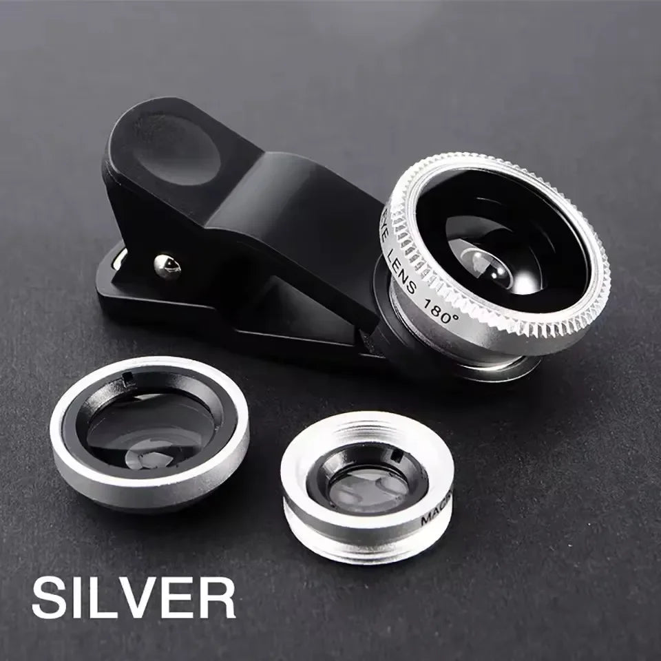 3-in-1 Fisheye Wide Angle Macro Clip Lens Kit for Smartphones Phone Camera Lens Kit Richie's Silver