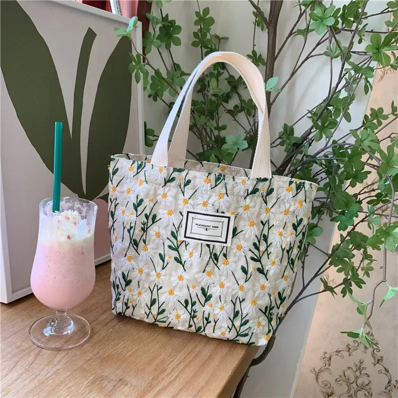 Daisy Embroidered Canvas Tote Bag – Women's Floral Handbag Canvas Tote Bag Richie's Beige