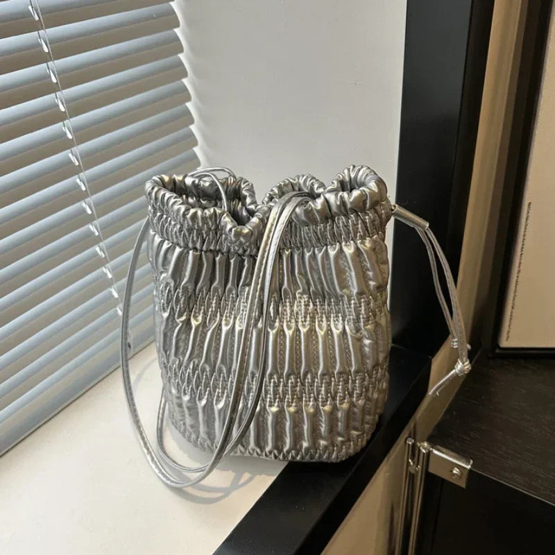 Silver Pleated Drawstring Bucket Bag – Soft PU Leather Purse Shoulder Bucket Bag Richie's