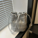 Silver Pleated Drawstring Bucket Bag – Soft PU Leather Purse Shoulder Bucket Bag Richie's