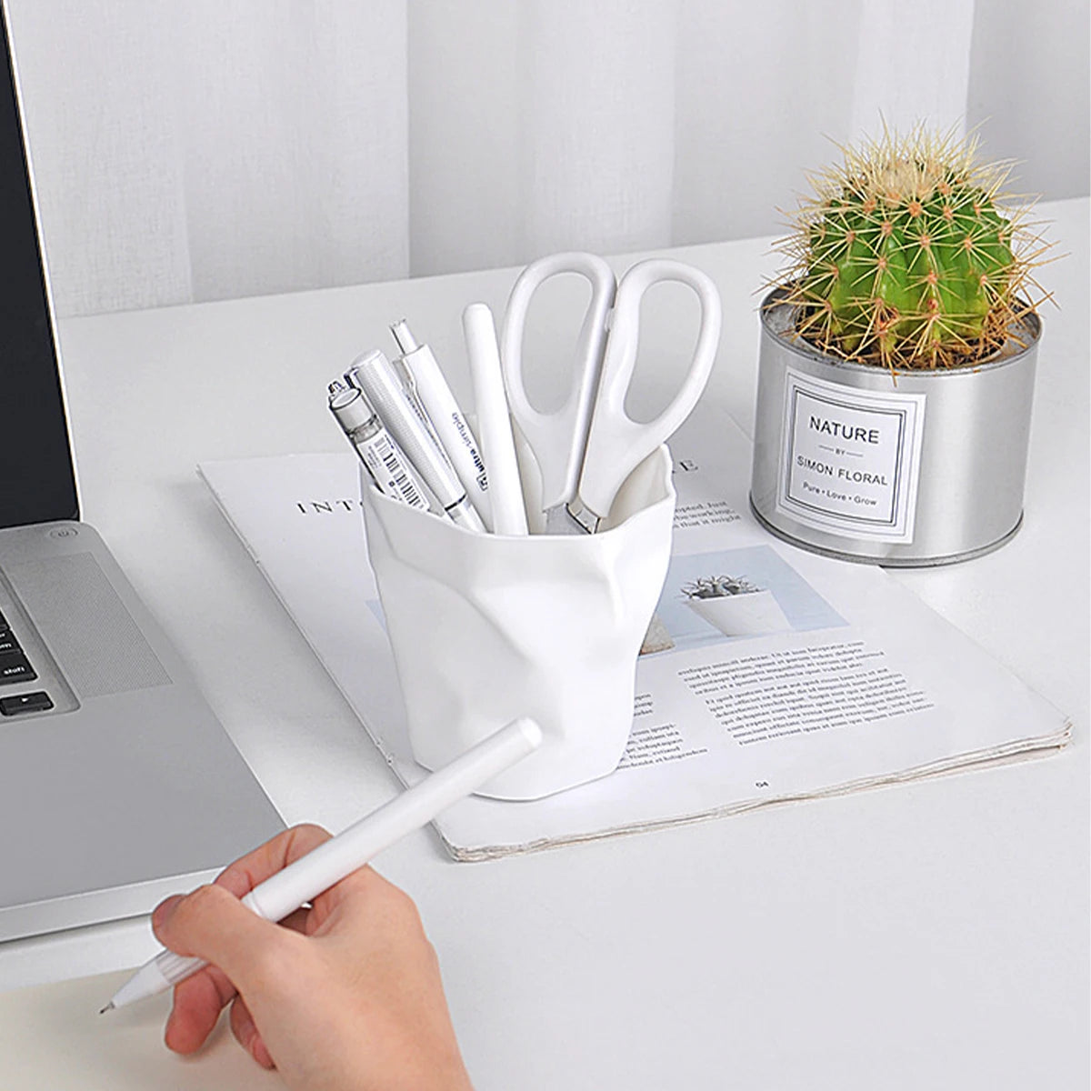 White Crinkle Paper Bag Pen Holder | Minimalist Desk Organizer Desktop Pen Holder Richie's