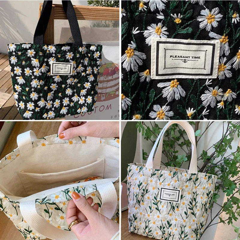 Daisy Embroidered Canvas Tote Bag – Women's Floral Handbag Canvas Tote Bag Richie's