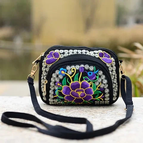 Vintage Boho Hmong Embroidery Women's Canvas Shoulder Bag Embroidery Shoulder Bag Richie's Purple Flower
