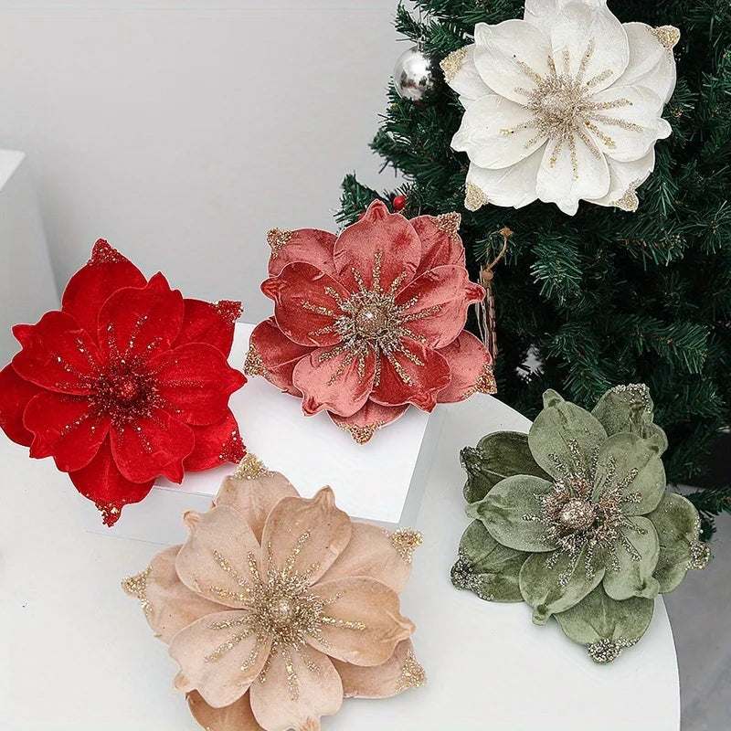 Artificial Glittery Poinsettia & Magnolia Stems | Xmas Décor Artificial Flower Stems Richie's