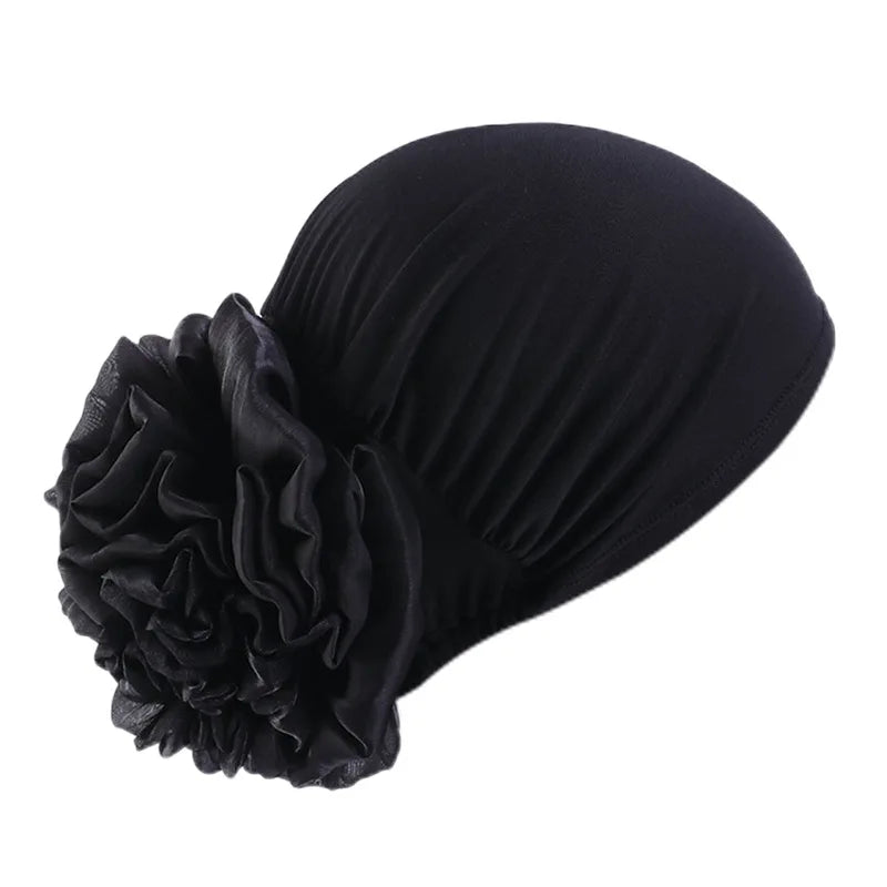 Women's Elastic Turban Cap Flower Hijab Headscarf Beanie Turban Head Wrap Richie's Black