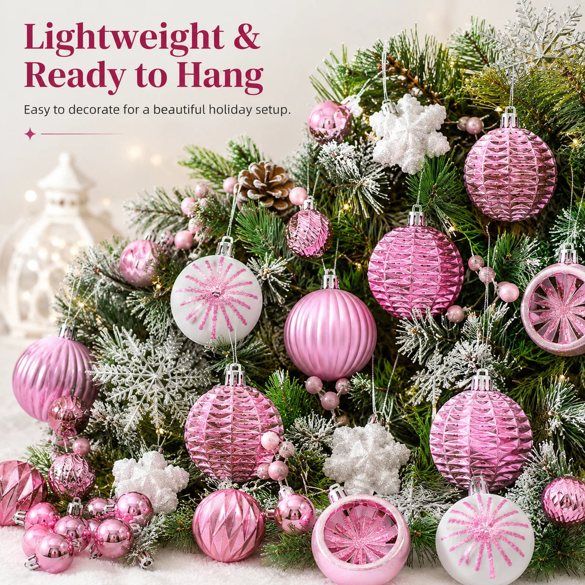 40-Pack Pink White Shatterproof Christmas Baubles & Snowflake Christmas Ornaments Richie's