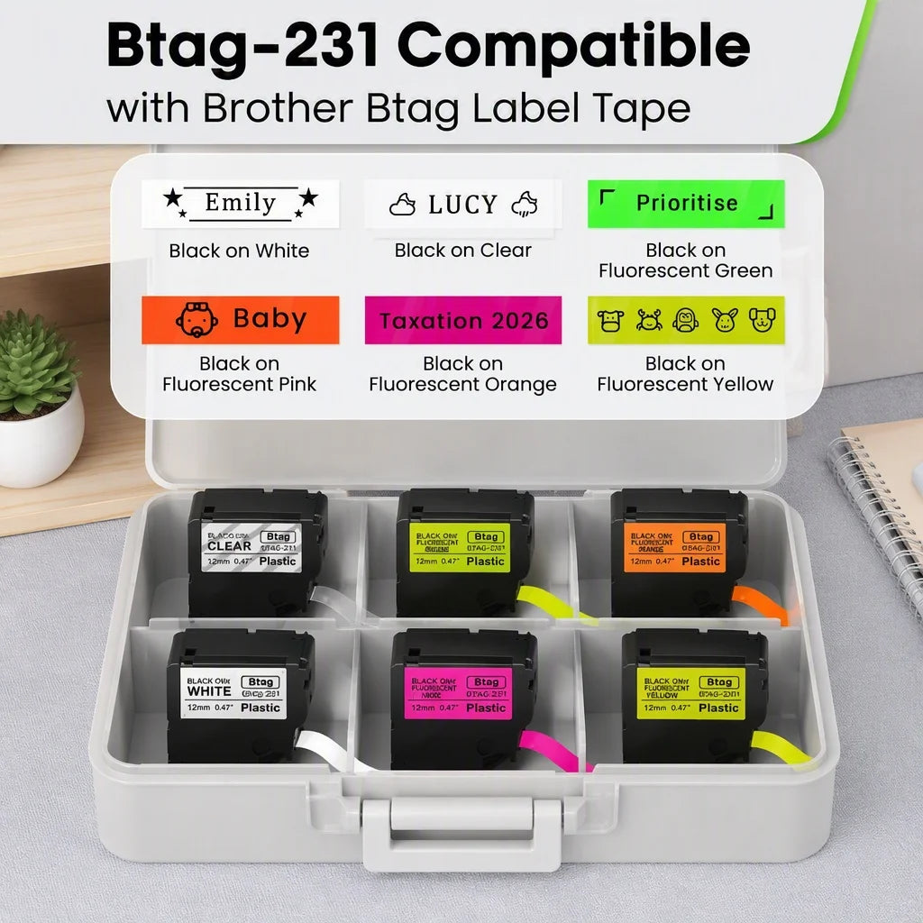 2-Pack Btag 231 Label Tape 12mm Black on White – Brother PT Label Maker Tape Richie's