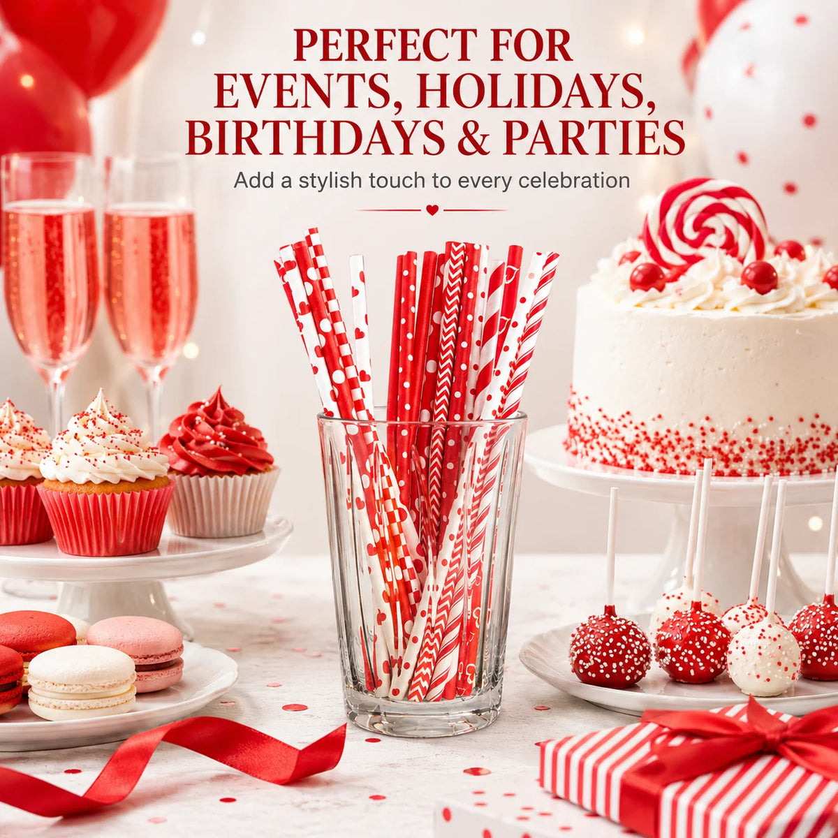 25pcs Red Patterned Biodegradable Paper Straws for Parties Disposable Paper Straws Richie's