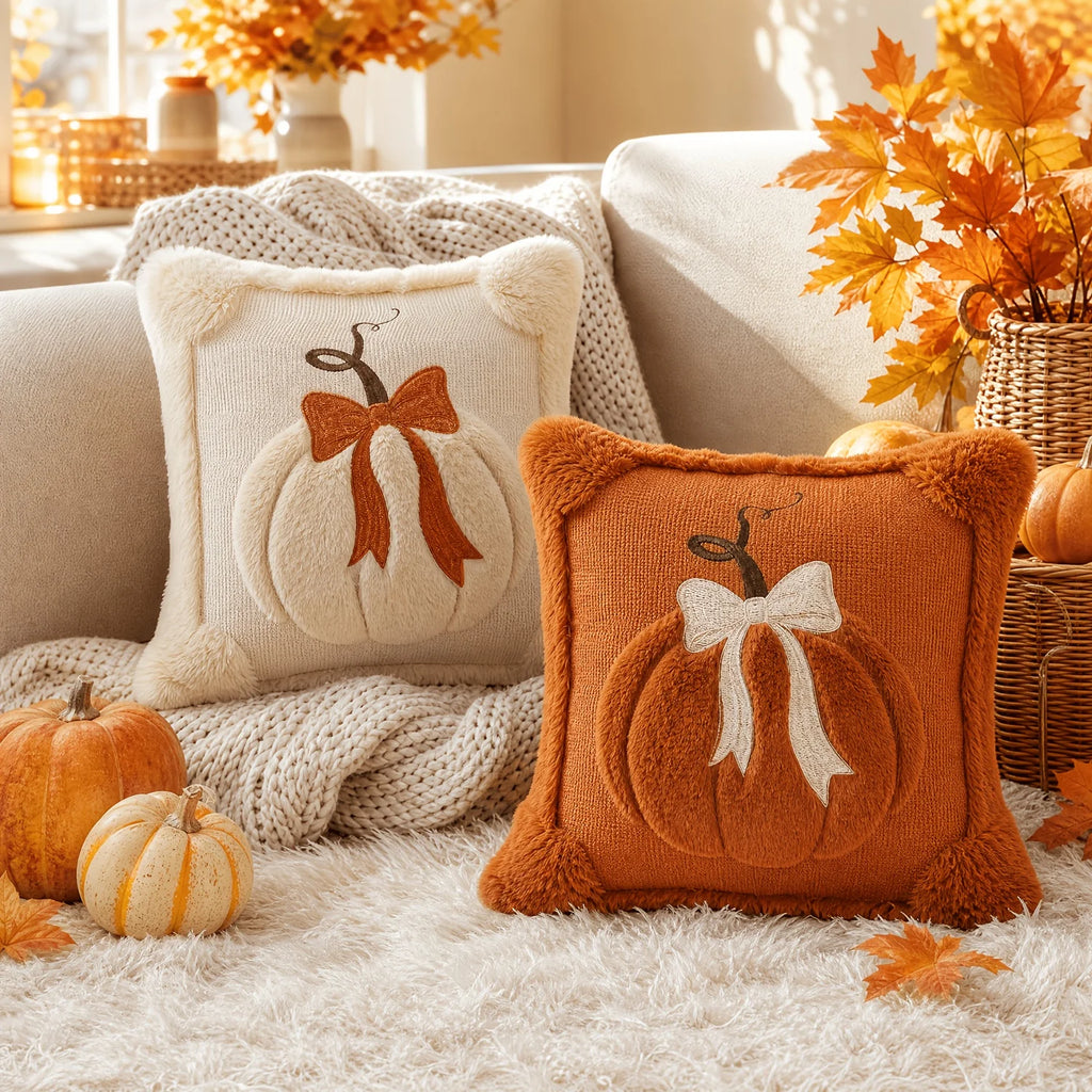 2pc Jacquard Pumpkin Bow Pillow Covers | Fall & Thanksgiving Décor Throw Pillow Covers Richie's