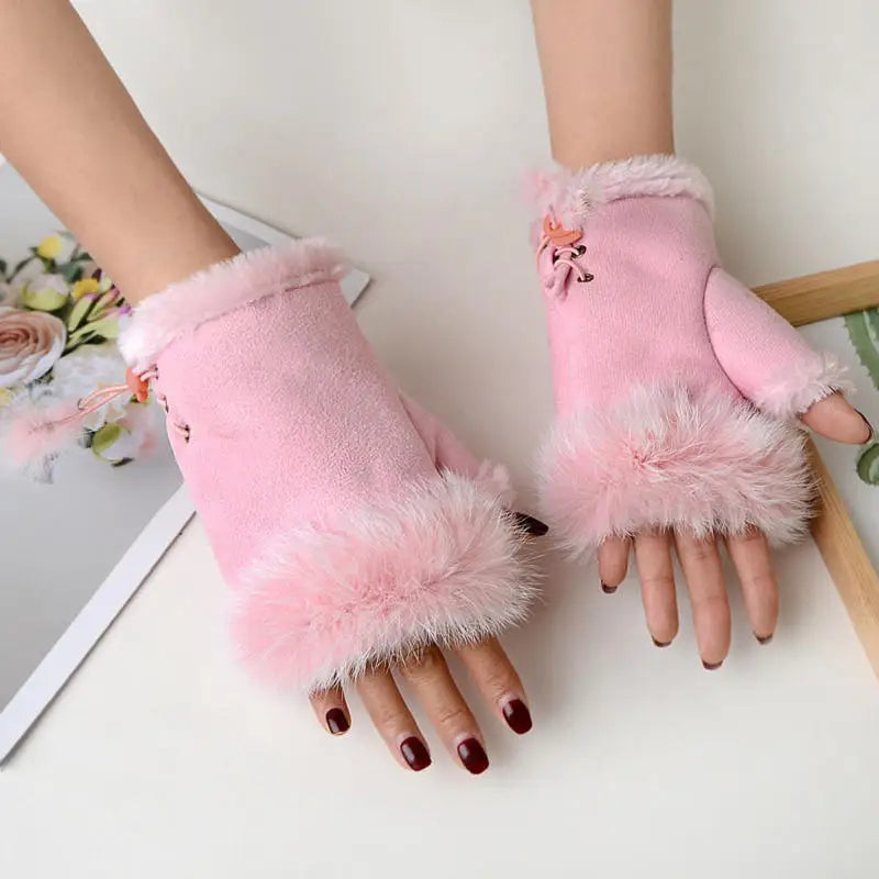 Women's Plush Fingerless Gloves – Warm Winter Wrist Mittens Fingerless Winter Gloves Richie's pink