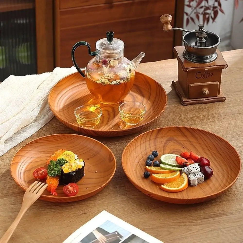 Wood-Grain Round Serving Tray – Tea, Bread & Dinner Plate Serving Tray Richie's