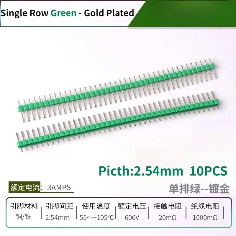 10PCS Color Gilded Pin Headers 2.54mm Single & Double Row Set PCB Pin Headers Richie's Green Gold 10PCS
