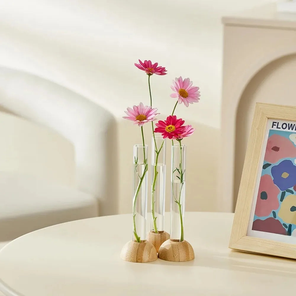 Hydroponic Test Tube Vase with Bamboo Base | Clear Tabletop Decor Hydroponic Flower Vase Richie's