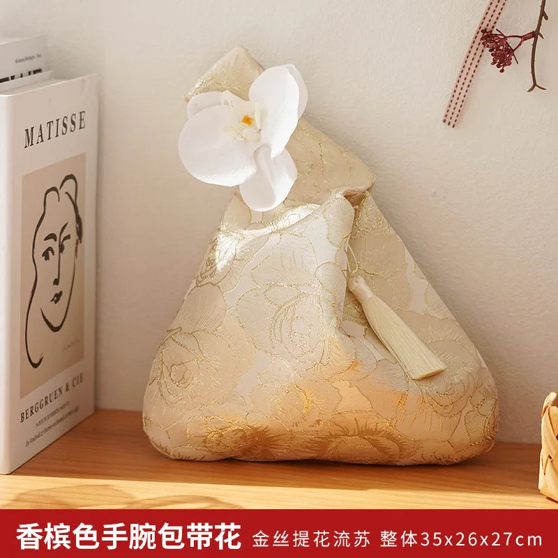 Chinese Tassel Wrist Bag Embroidery Hanfu Wedding Gift Pouch Wrist Bag Richie's champagne flowers