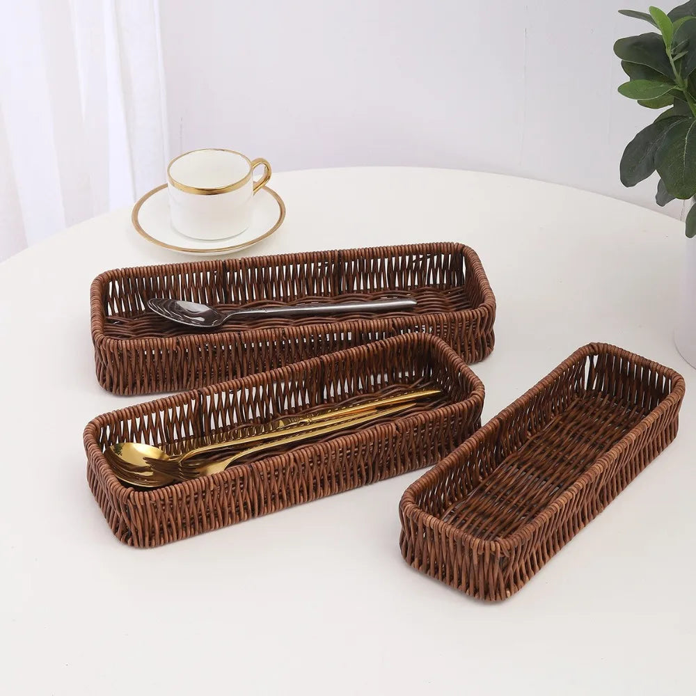 Faux Rattan Plastic Storage Basket Rectangle Wicker Tray Organizer Storage Basket Richie's