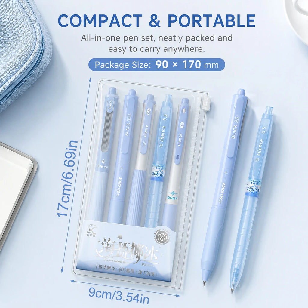 Silent Retractable Gel Pens 5-Pack | 0.5mm Black Ink Click Pens Retractable Gel Pens Richie's