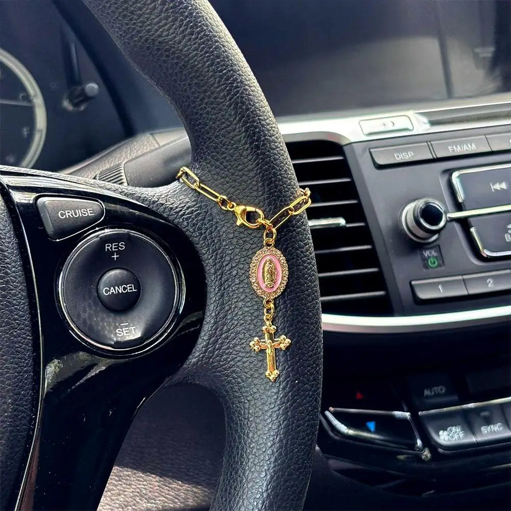 Cross & Virgin of Guadalupe Car Rosary Steering Wheel Chain Car Rosary Ornament Richie's