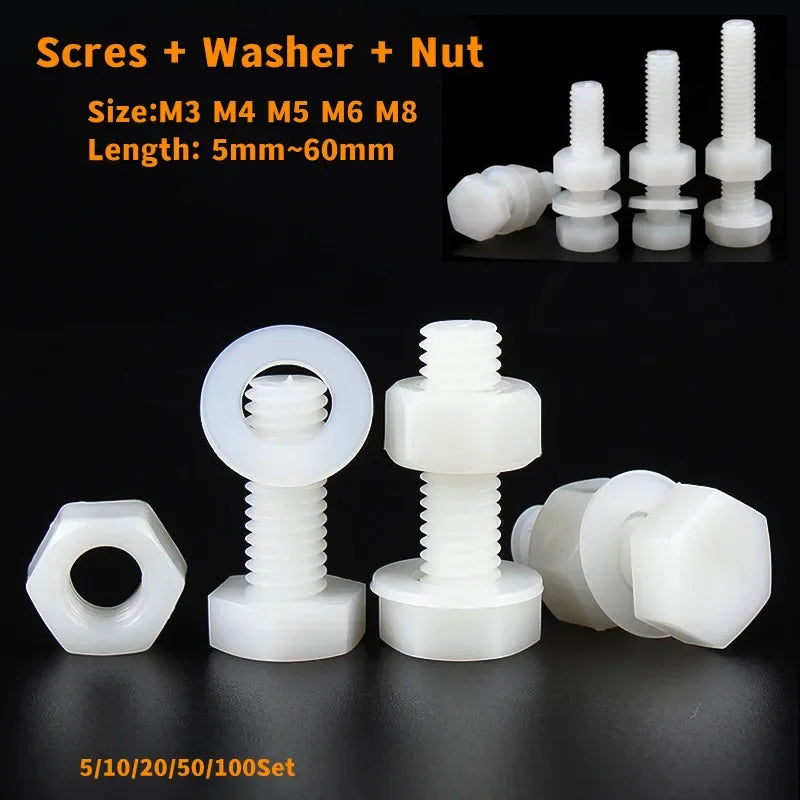 White Nylon Hex Bolt Nut Washer Set M3–M8 Insulated Plastic Nylon Fastener Set Richie's 50 set M4x25