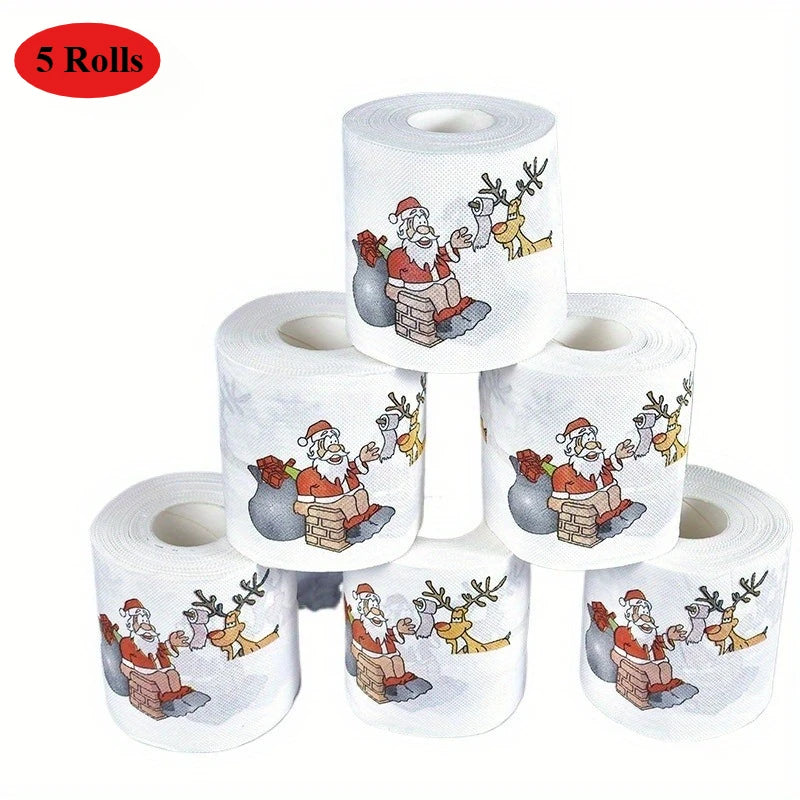 5 Rolls Christmas Toilet Paper – Santa Holiday Design Napkins Novelty Holiday Paper Richie's Christmas chimney