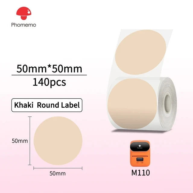Phomemo M110 M200 M221 Round Transparent Thermal Labels 1.57" Thermal Label Roll Richie's 50x50-140 khaki