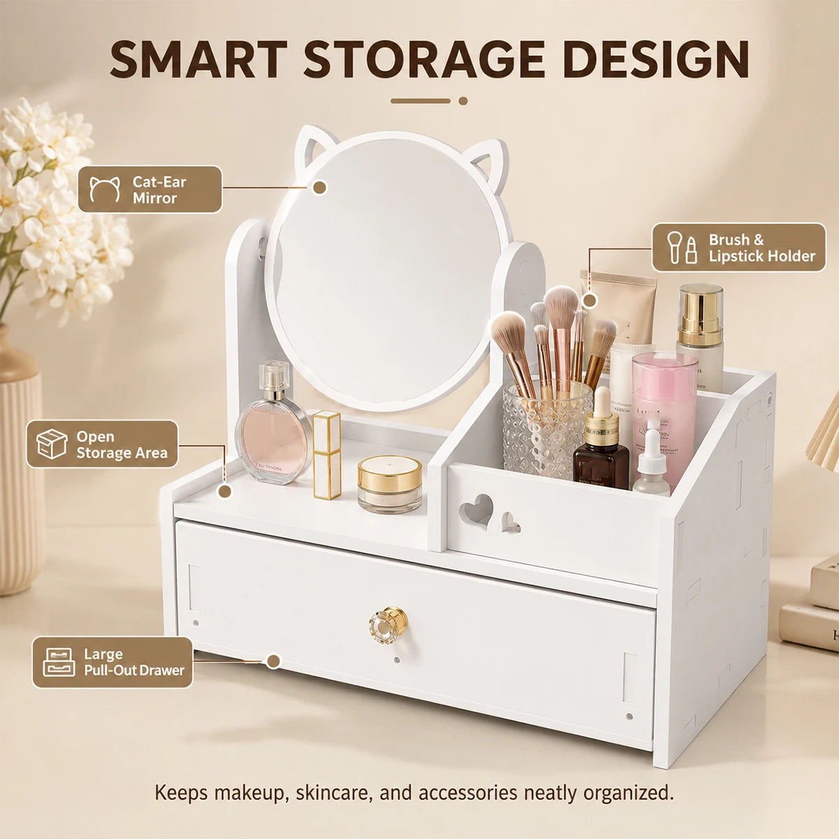 White Cat Makeup Organizer with Swivel Mirror & Drawer Makeup Storage Organizer Richie's