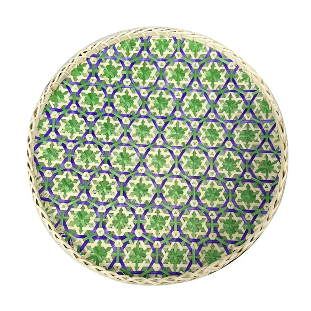 Bohemian Bamboo Woven Fruit Basket – Handwoven Round Tray Bamboo Woven Basket Richie's Green 25cm