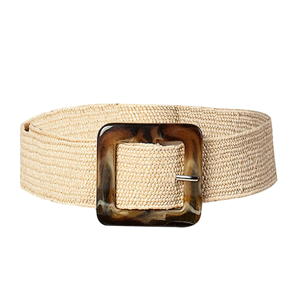 Women's Wide Woven Straw Belt – Elastic Carved Wood Buckle Wide Fashion Belt Richie's Beige