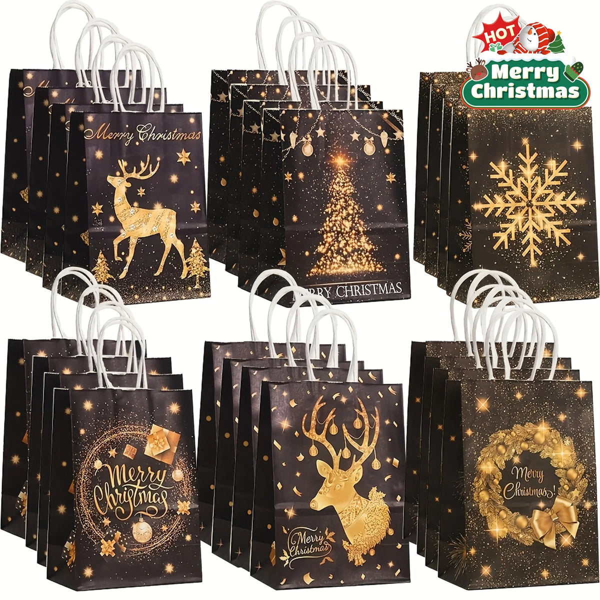 Black & Gold Christmas Gift Bags with Handles – 12/24 Pack Christmas Gift Bags Richie's