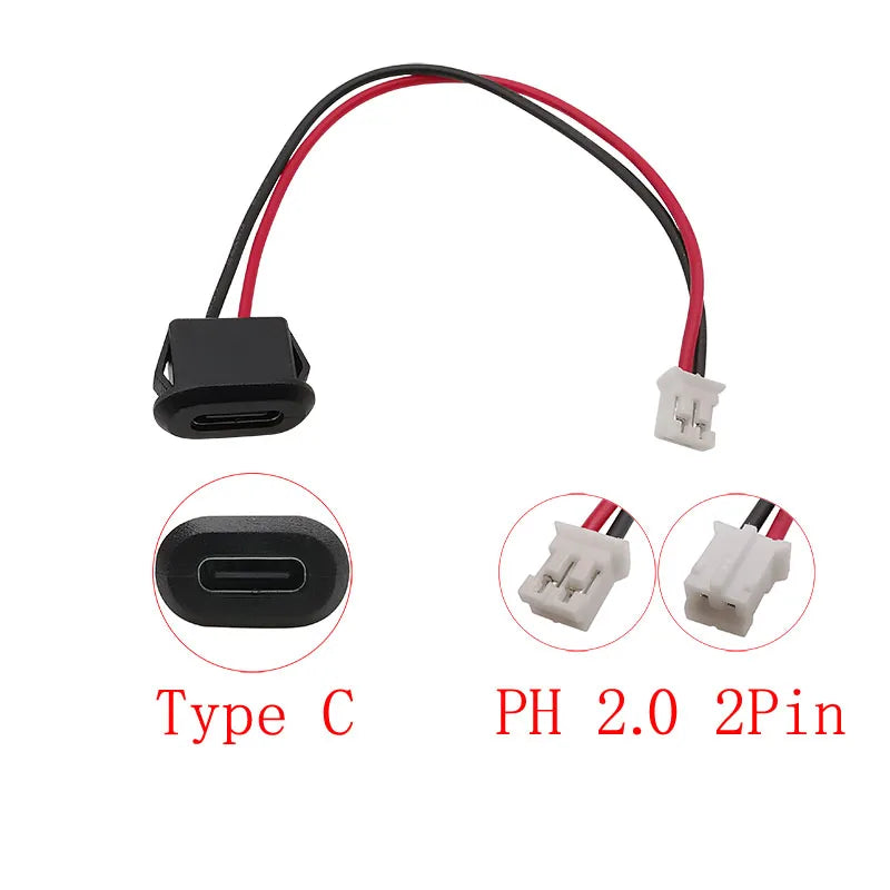 5Pcs USB Type-C Female to JST PH 2.0mm 2-Pin Wire Connectors Wire Cable Connector Richie's Black